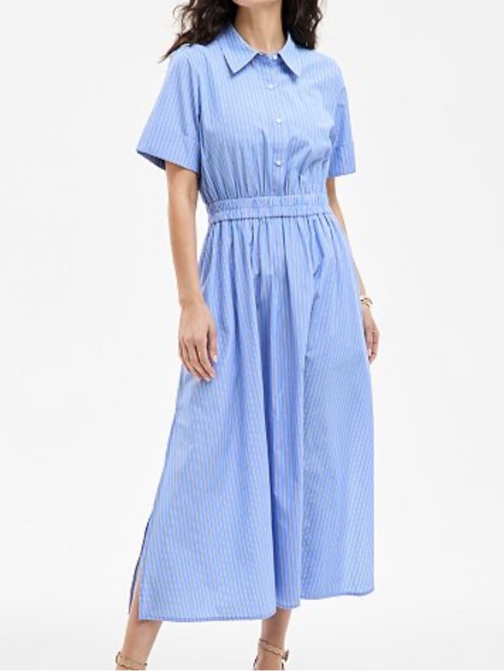 ON 34th Blue White Striped Maxi Shirt Dress with Elastic Waist. Size Large.